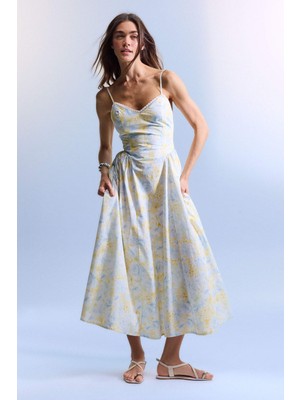 DeFacto Kalp Yaka Baskılı Poplin Askılı Midi Elbise H3436AX26SM