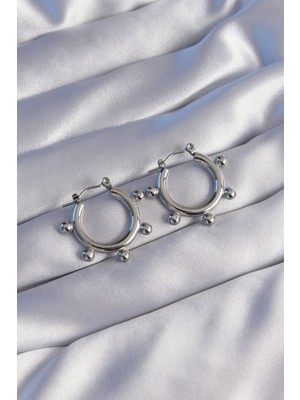 Youday Accessories 316L Çelik Gümüş Renk Topçuk Tasarımlı Oval Küpe