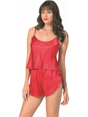 bebekokusu Kırmızı Saten Babydoll Şort Takımı