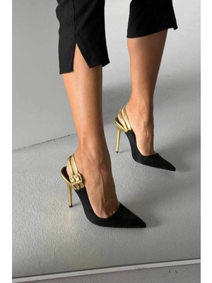 Ayakkabı Prensi Filmy Siyah Gold Ince   10 cm Stiletto, Topuklu Ayakkabı Kadın