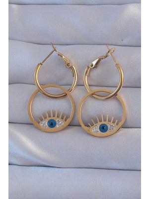 Youday Accessories 316L Çelik Gold Renk Zirkon Taşlı Mavi Göz Tasarımlı Halka Küpe