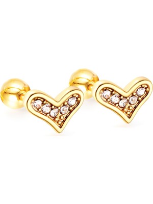 PremiumPort Zirkon Taşlı Kalpli Çelik Küpe, Vidalı Kapama, Şık ve Zarif Tasarım