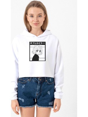 Tshirthane Hunter x Hunter Anime Neferpitou Beyaz Optik Kadın Crop Kapşonlu