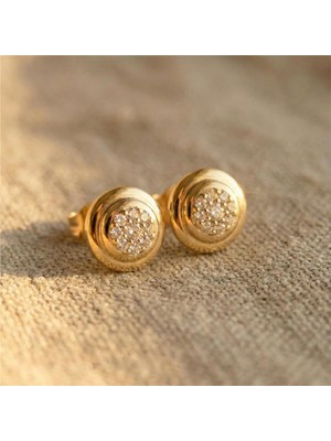 PremiumPort Şık Zirkon Taşlı Yuvarlak Küpe, 14K Altın Rengi Kaplama, 1 cm Çap