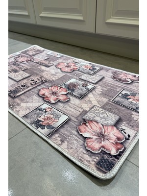 Karmat Çiçek Desenli Dijital Baskılı Dot Tabanlı Kaymaz Taban Overloklu Mutfak Paspası Mutfak Halısı 50X90