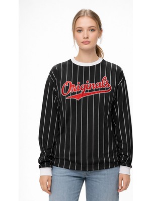 Machetta Unisex Bisiklet Yaka Originals Kabartma Baskılı Çizgili Oversize Sweatshirt