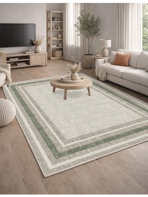 Lioara Home Yeşil/krem Sade Modern Baskılı Halı – Modern, Kaymaz Taban, Salon & Oturma Odası Için Halı