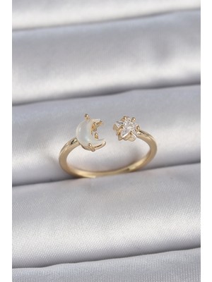 Youday Accessories Pirinç Gold Renk Incili Hilal Zirkon Taşlı Yıldız Ayarlanabilir Model Kadın Yüzük