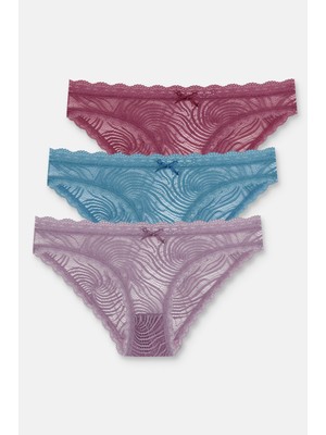 Suwen Dantelli Normal Bel Slip Külot %95 Pamuk - %5 Elastan 3'lü Set Şık Tasarım