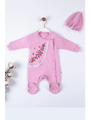 Herşey Trend Herşeytrend Çiçek Nakışlı Şapkalı % 100 Pamuk Kız Bebek Tulumu