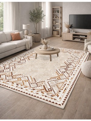 Lioara Home Krem Retro Modern Baskılı Halı – Modern, Kaymaz Taban, Salon & Oturma Odası Için Halı