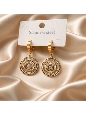 PremiumPort Parlak Gold Renk Taşlı Yuvarlak Sallantılı Çelik Küpe