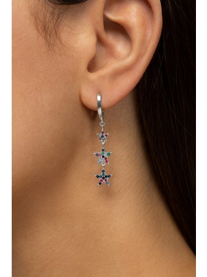 PremiumPort Şık 925 Ayar Gümüş Kaplama Üç Sıralı Taşlı Hediye Küpe