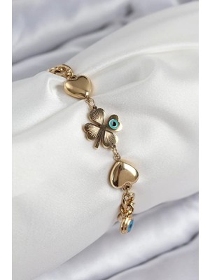 Nuvigo 316L Çelik Nazar Boncuk Detaylı Yonca Model Gold Renk Kadın Bileklik - TJ-BB7832