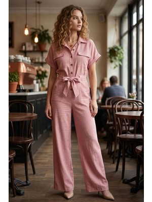 Armonika Kadın Pembe Önden Düğmeli Beli Kuşaklı Cepli Yarasa Kol Palazzo Tulum ARM-24Y001105