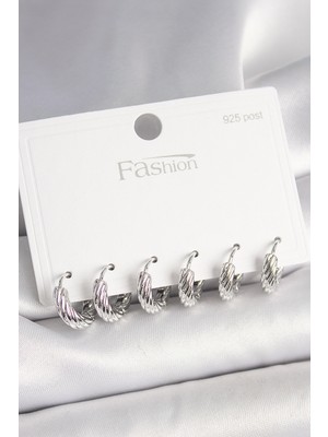 Youday Accessories 925 Ayar Gümüş Çivi Pirinç Gümüş Renk Işlemeli Halka Model Kadın Küpe Seti