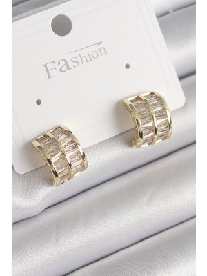 Youday Accessories Pirinç Gold Renk Çift Sıra Zirkon Taşlı Kadın Küpe