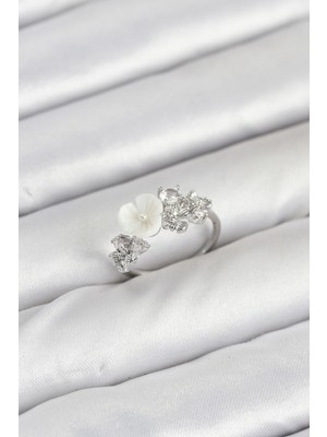 Youday Accessories Pirinç Gümüş Renk Çiçek Model Zirkon Taşlı Kadın Yüzük