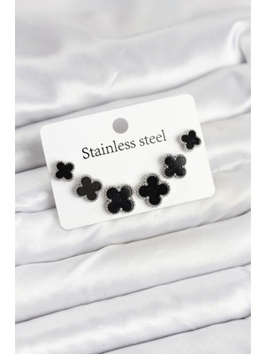 Youday Accessories 316L Çelik Gümüş Siyah Renk 3 Boy Yonca Küpe Seti