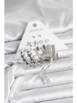 Youday Accessories Gümüş Renk Pirinç 6'LI Kadın Küpe Seti