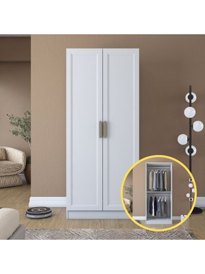 Rani BA201 Membran Kapaklı Gardırop Raflı 2 Askılı 2 Kapaklı Elbise Dolabı Beyaz