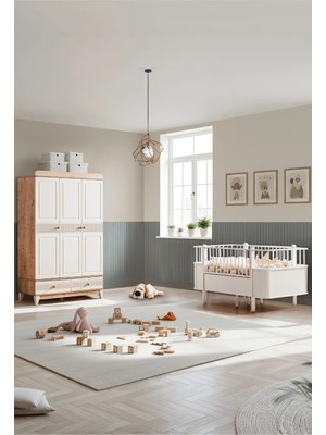 Setay Bakü Meşe Çocuk Odası Takımı, Bakü Meşe 3 Kapaklı Dolap, Krem Dünya Büyüyen Beşik