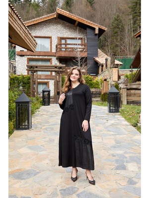 Wearon Kadın Fulya Kristal 2 Ip Süet Çiçek Aksesuarlı Siyah Elbise