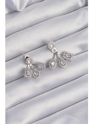 Youday Accessories Pirinç Gümüş Renk Zirkon Taşlı Geometrik Model Küpe