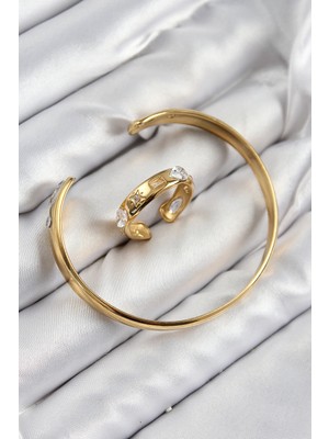 Youday Accessories Pirinç Zirkon Taşlı Ayrık Model Gold Renk Bileklik Yüzük Set