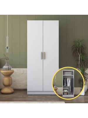 Rani BA169 Gardırop 2 Kapaklı 2 Raflı Elbise Dolabı Beyaz