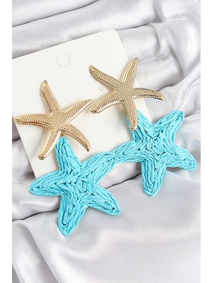 Youday Accessories Pirinç Sallantılı Turkuaz Deniz Yıldızı Model Gold Renk Hasır Küpe