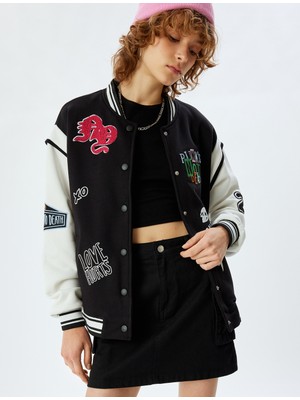 Koton Şardonlu Oversize Kolej Ceket Bomber Yaka Işlemeli Çıtçıt Düğmeli Renk Bloklu Cepli