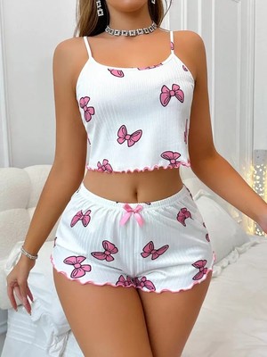 bebekokusu Kadın Fiyonklu Beyaz Şortlu Pijama Takımı