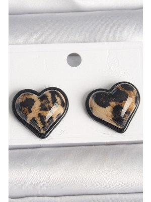 Youday Accessories Pirinç Siyah Renk Leopar Desen 3D Kalp Model Kadın Küpe