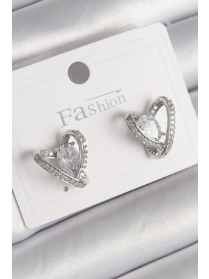 Youday Accessories Pirinç Gümüş Renk Zirkon Taşlı Kalp Model Kadın Küpe