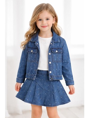 Roya Kitty Girls Sweat Şort Etek ve Ceketli Kız Çocuk Taşlı Kot Takım 3 Lü