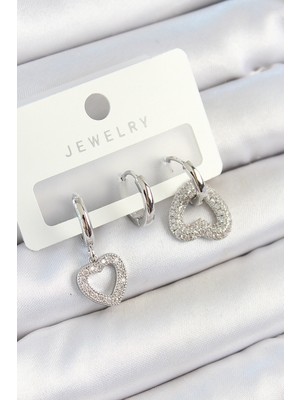 Youday Accessories Pirinç Zirkon Taşlı Kalp Model Gümüş Renk 3'LÜ Çift Kadın Küpe Set
