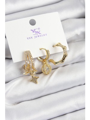 Youday Accessories Pirinç Zirkon Taşlı Sallantılı Yıldız Model Gold Renk 3'LÜ Kadın Küpe