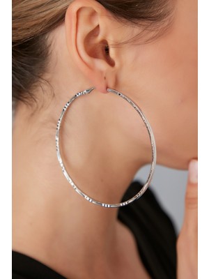 PremiumPort Şekilli Çizgi Desenli Büyük Çelik Rodyum Kaplama Küpe