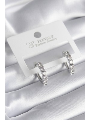 Youday Accessories Pirinç Gümüş Renk Zirkon Taşlı Halka Model Kadın Küpe