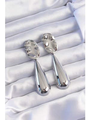 Youday Accessories Pirinç Gümüş Renk Uzun Bombeli Ezme Plaka Küpe