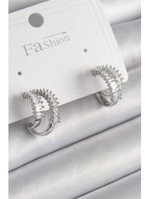 Youday Accessories Pirinç Gümüş Renk 2'LI Zirkon Taşlı Halka Model Kadın Küpe