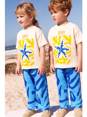 Monila Unisex Çocuk Pamuklu Bisiklet Yaka Baskılı T-Shirt ve Mavi Eşofman Alt Üst Takım