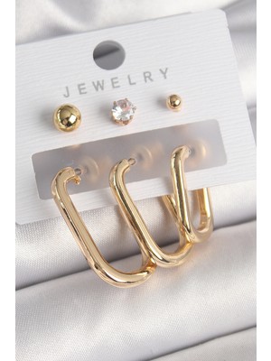 Youday Accessories Pirinç Gold Renk Halka Model Zirkon Taş Topçuk Detay Kadın Küpe Seti