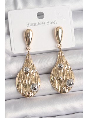 Youday Accessories Pirinç Gold Renk Sallantı Damla Model Gümüş Top Detay Kadın Küpe