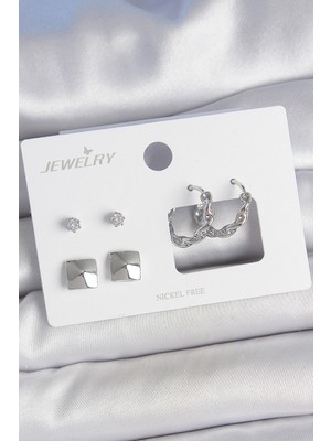 Youday Accessories Pirinç Gümüş Renk Zirkon Taşlı Burgu Halka Model Kare Detay 3 Çift Kadın Küpe Seti