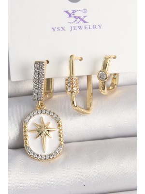 Youday Accessories Pirinç Gold Renk Sallantı Zirkon Taş Işlmeli Yıldız Portre Model 3'LÜ Kadın Kombin Küpe