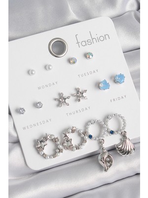 Youday Accessories Pirinç Gümüş Renk Incli Zirkon Taşlı Halka Figür Yıldız Detay 7 Çift Kadın Küpe Seti