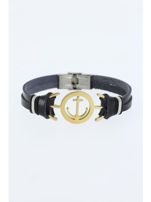 Youday Accessories Gold Renk Deniz Çapası Figürlü Metal Aksesuarlı Siyah Renk Deri Erkek Bileklik