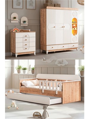 Setay Klas Meşe Çocuk Odası, Klas Meşe 4 Kapaklı Dolap, Vizyon Meşe Yavrulu Karyola, Şifonyer